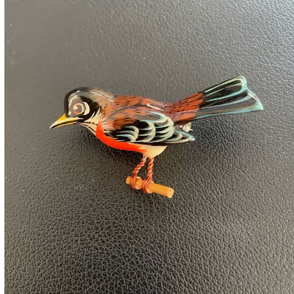 Vintage Hand Carved Genuine Auth. Takahashi Robin Bird Brooch Pin .Signed (K.T.) - Picture 2 of 10